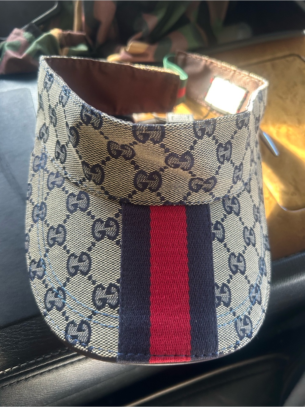 Vintage grey GG Canvas Visor with Navy and Red Stripe